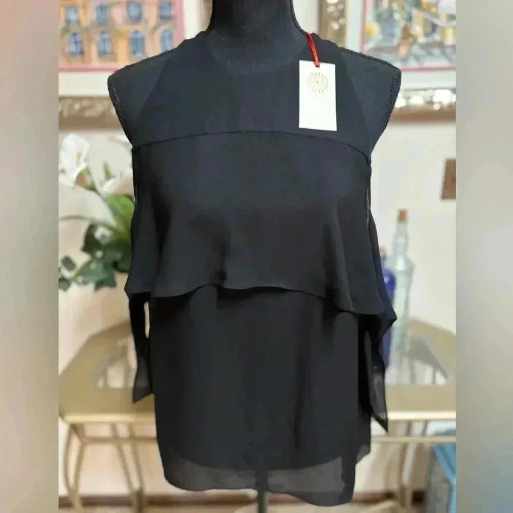 RAMY BROOK 100% SILK LUXURY BLACK COLD SHOULDER RUFFLE TOP BLOUSE SIZE SMALL NEW - Picture 6 of 15
